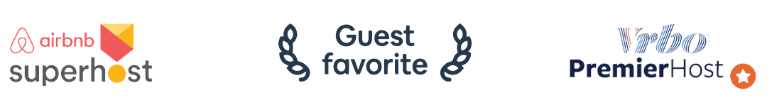 Airbnb Superhost, Guest Favorite, and Vrbo Premier Host recognition badges.