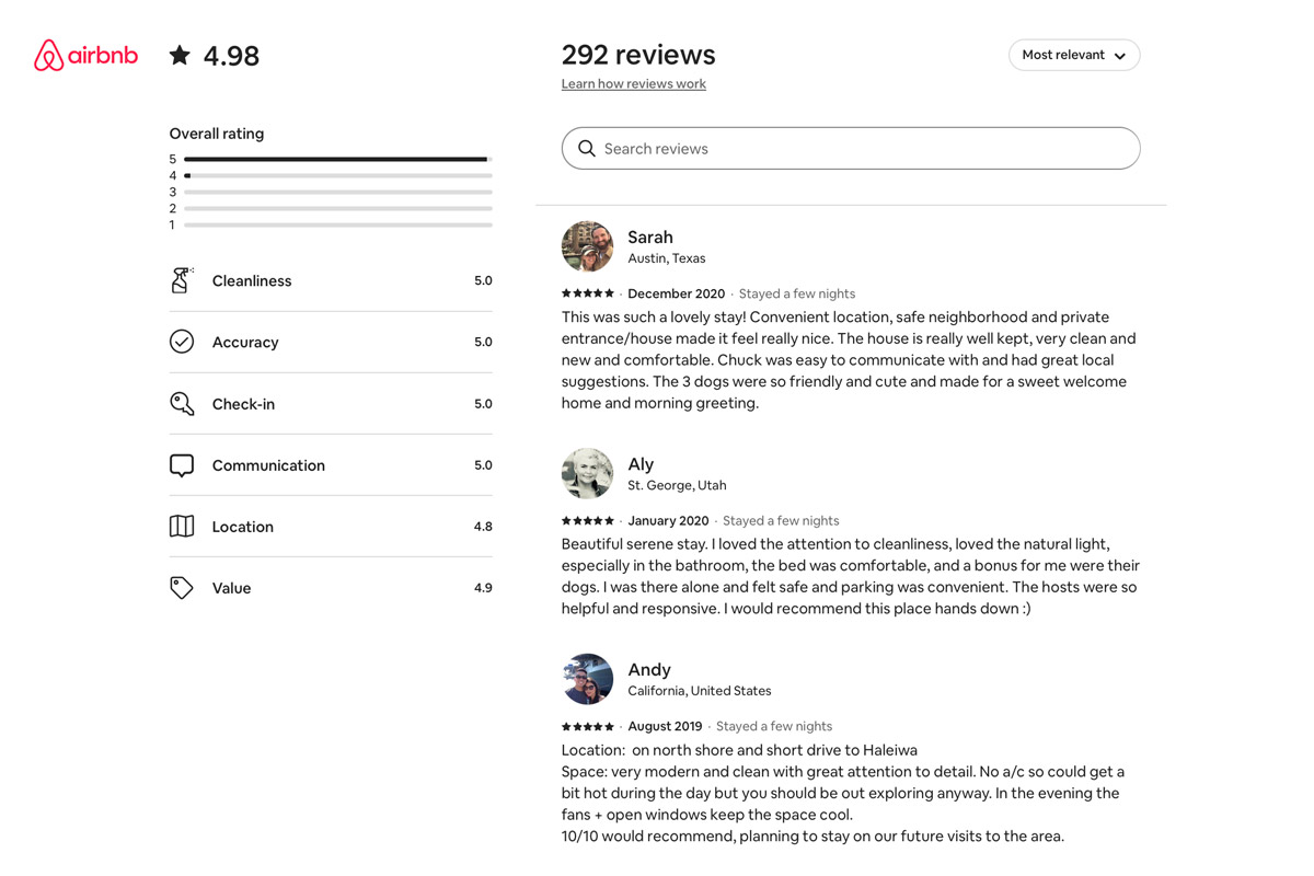 Reviews from guests on Airbnb